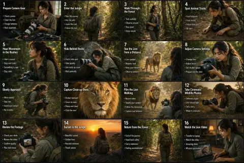 Forest lion shooting adventure storyboard infographic