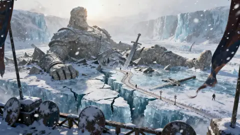 Forgotten ruins of ancient giants in the frozen valley