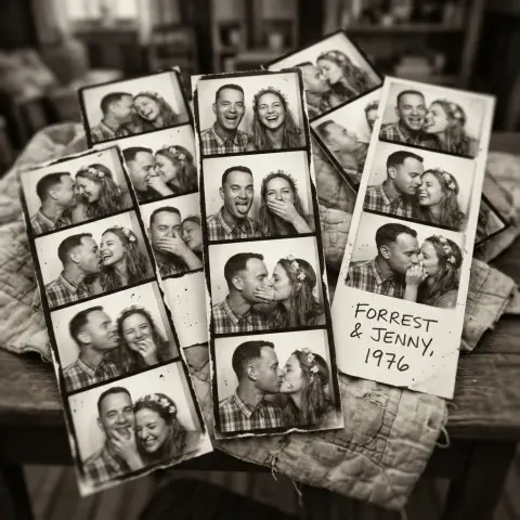 Forrest Gump and Jenny film memories scattered all over the bed