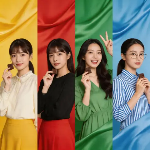 Four color puzzle asian girl chocolate ad