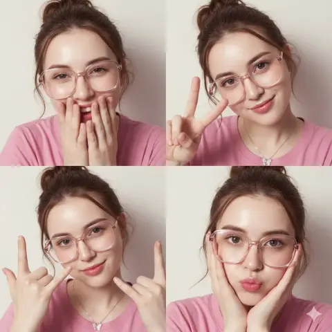 Four consecutive shots of a girl with creamy muscles under transparent pink-rimmed glasses