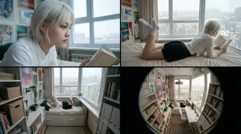 Four-frame storyboard of a girl at home reading in a snowy day with a cinematic feel