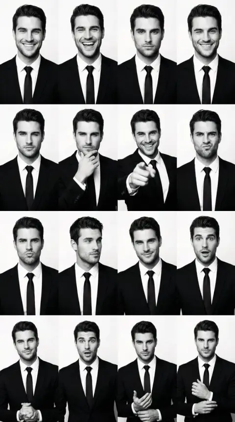 Four square grid portrait of male model in suit with black and white film texture