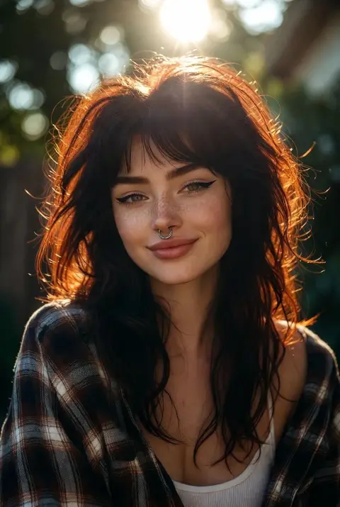 Freckled brown-haired girl outlined by backlight