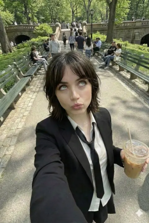 Freckled girl drinking ice coffee under the shade of mottled trees