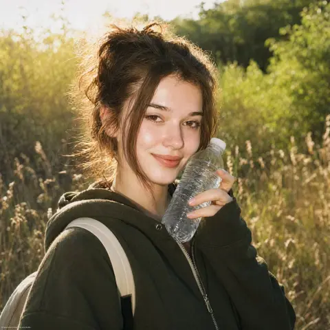 Fresh outdoor portrait of brown-haired girl in sunshine meadow