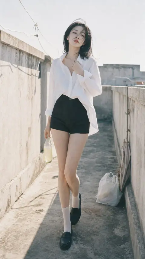 Fresh photo of girl in white shirt on rooftop corridor