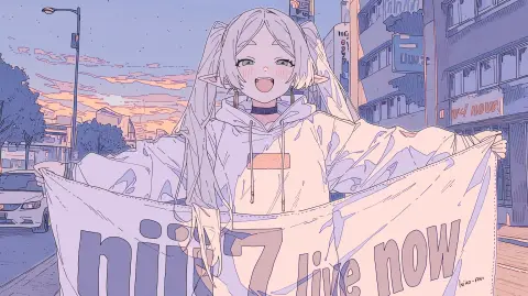 Frieren holding a banner with the text "niji 7 live now"