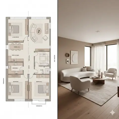 From flat blueprint to warm real scene