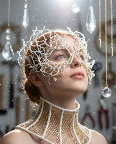 Frozen Divine Face: The Divine Beauty Interwoven with Ceramic Gold Threads