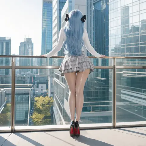 Full body back photo of woman with light blue long hair on urban terrace