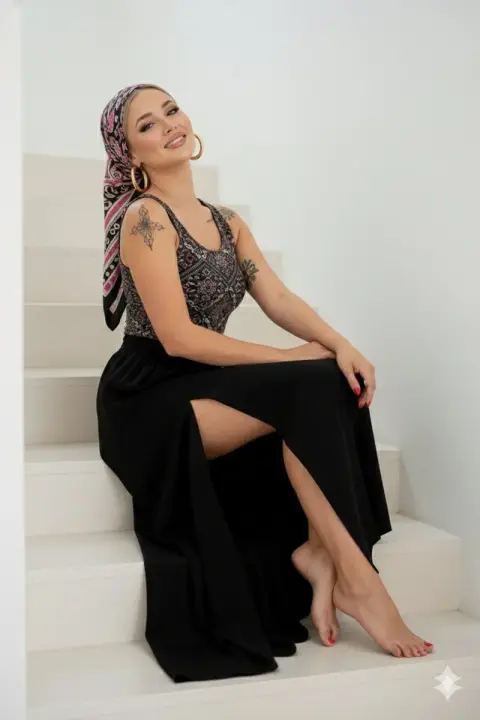 Full body photo of a beautiful woman in a stylish headscarf in a warm and minimalist style