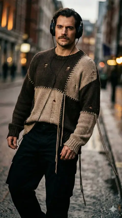 Full body portrait of avant-garde trendy man on the street with movie-level light and shadow