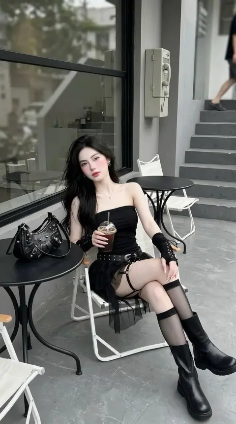 Full body street shot of girl in black dress in minimalist cafe