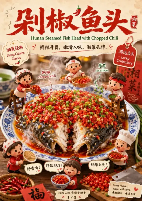 Fun food poster with minced pepper fish head