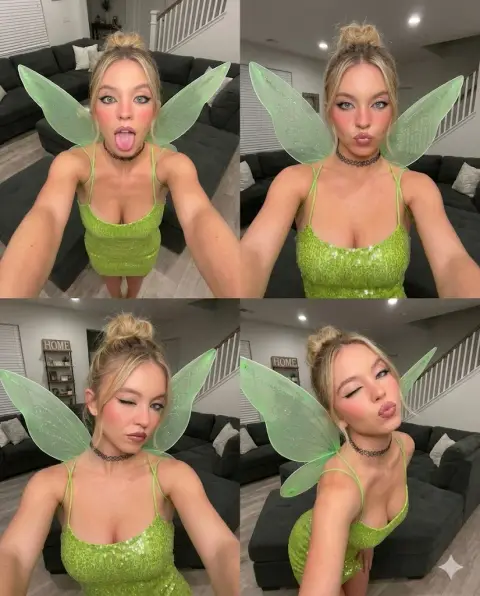 Funny selfie of the fluorescent green fairy under wide-angle distortion