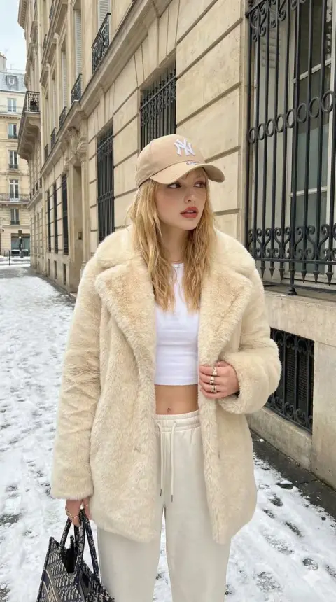 Fur fashion girl in European street in snow