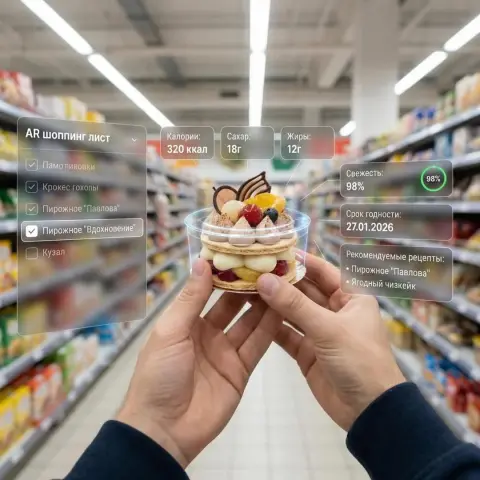 Future supermarket AR shopping experience from first-person perspective