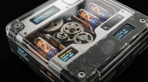 Futuristic technology device in retro tape style
