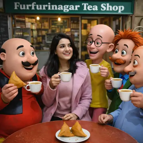 Gathering at the Tea Shop: A Super Realistic Photo with Motu Patlu
