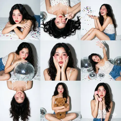 Generation Z girl's home party nine-square flash photo