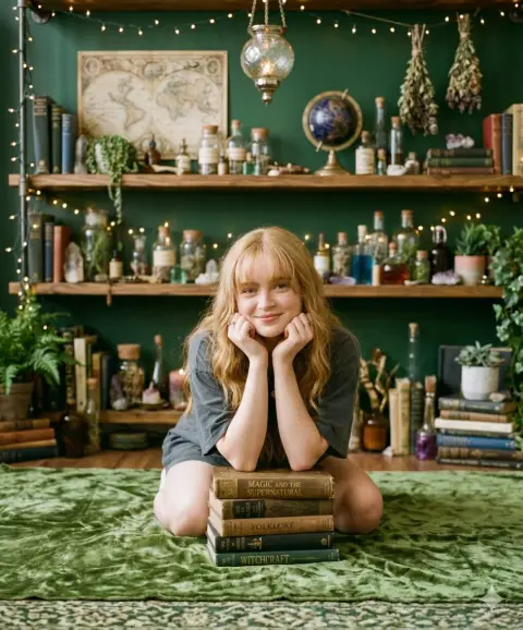 Gentle blond girl leaning against a pile of magic books