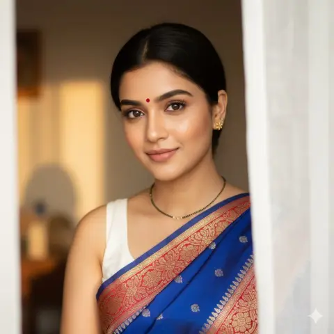 Gentle South Asian girl and blue sari under the dim light of gauze curtain