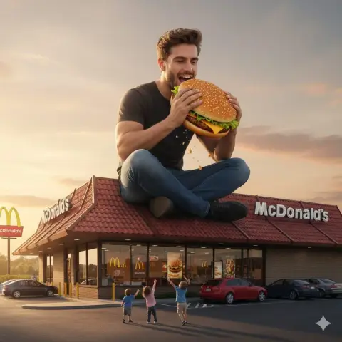 Giant and burger on the rooftop at sunset