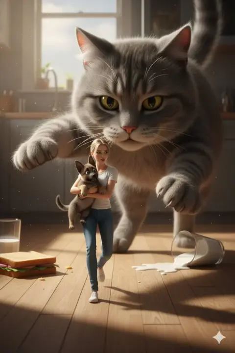Giant cat chase: miniature woman running wildly holding a puppy