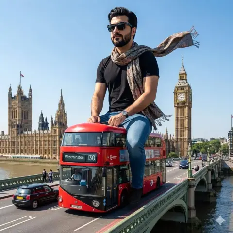 Giant hipster rides minibus through London