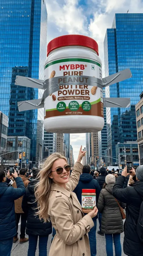 Giant peanut butter spectacle on a skyscraper