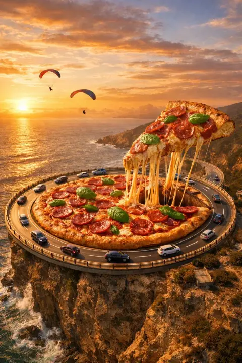 Giant pizza ring road at sunset on cliff coast