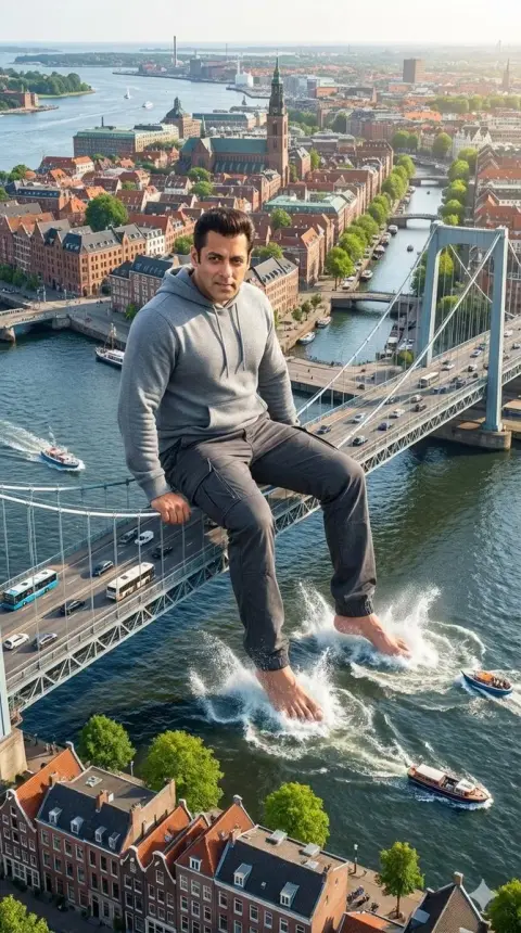 Giant Salman Khan plays in the water on the suspension bridge