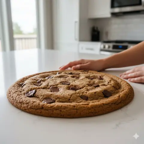 Giant teddy bear frosted cookies and warm kitchen healing atmosphere