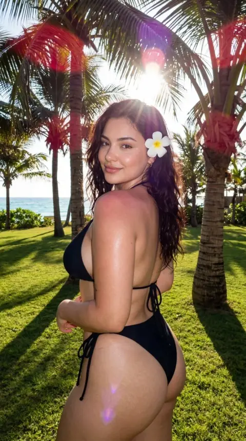 Girl in black bikini on tropical lawn with backlight