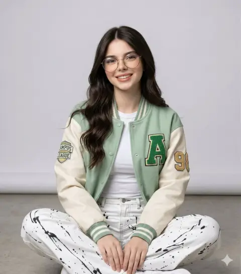 Girl in green and white jacket in fresh gray studio