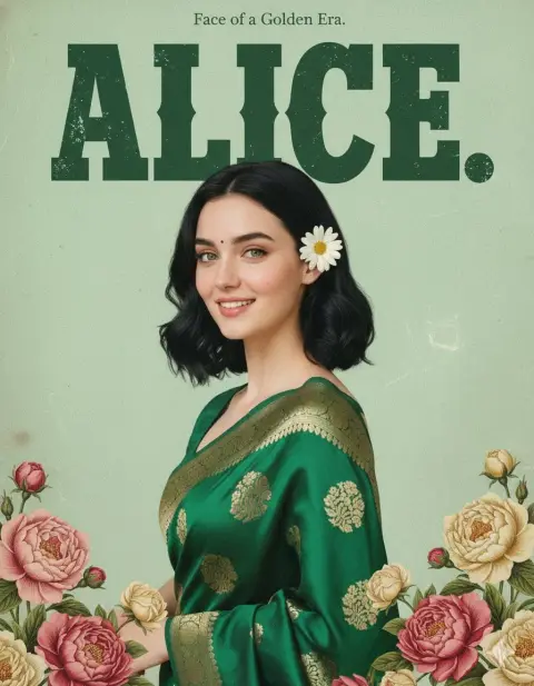 Girl in green sari on retro indian poster