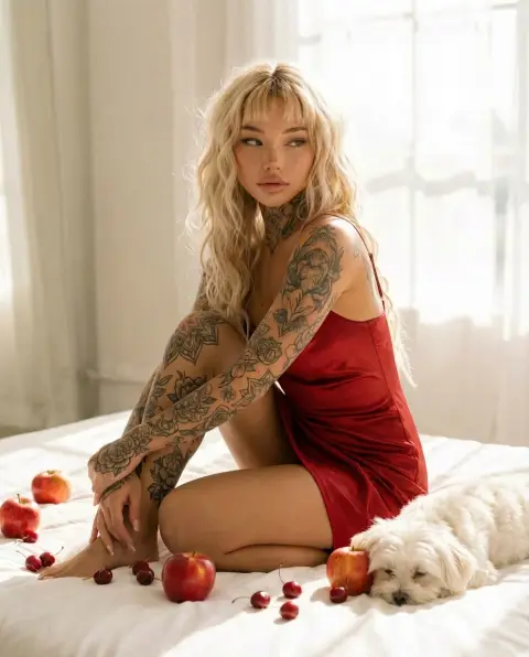 Girl in red dress with flowery arms in minimalist bedroom