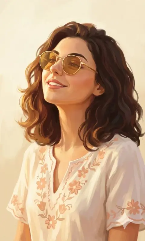 Girl in retro sunglasses bathing in the golden sun