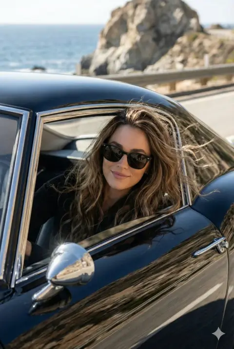 Girl in sunglasses rides along the cliff coastline