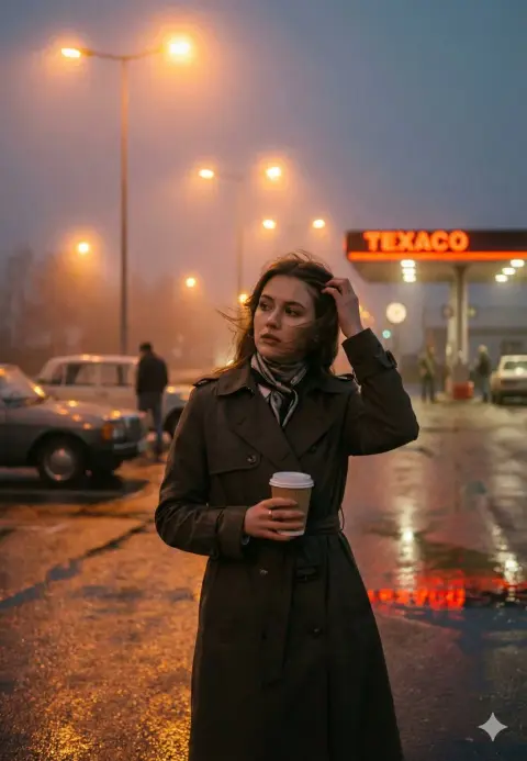 Girl in trench coat and neon reflection next to gas station at dusk