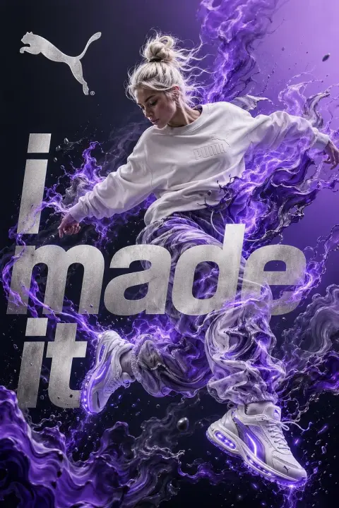 Girl leaping in electric purple smoke