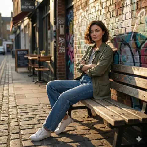 Girl on the street at sunset in front of graffiti wall