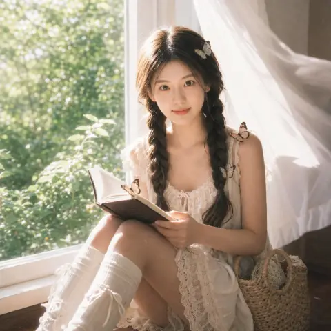 Girl reading by the sunny window and butterfly, dreamy film look