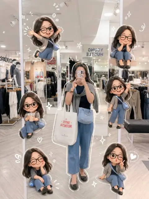 Girl’s clothing store mirror selfie and Q-version clone