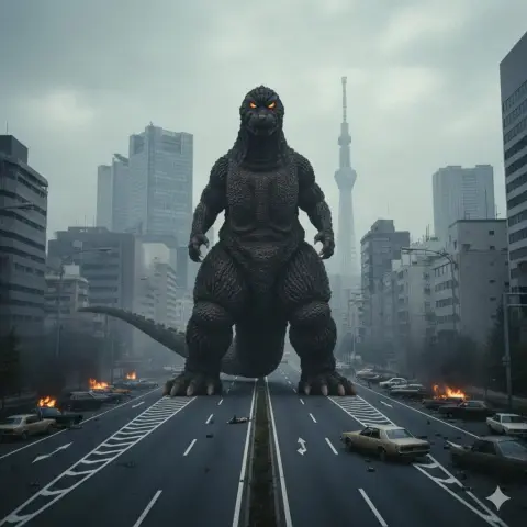 Godzilla glares at Tokyo Skytree in the 1970s