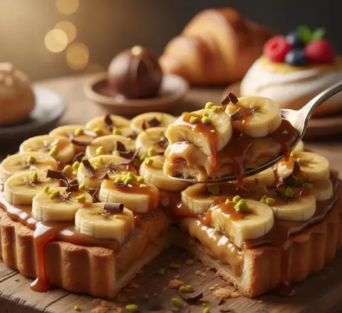 Golden caramel banana tart with delicate texture and ultra-realistic photography