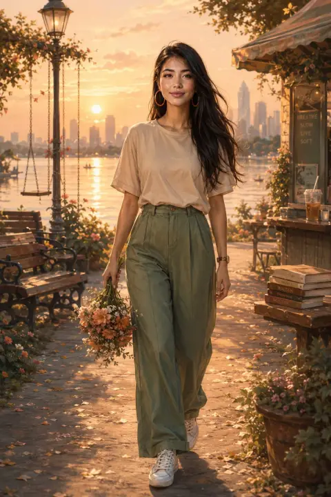 Golden evening full-length portrait of a modern girl walking by the lake