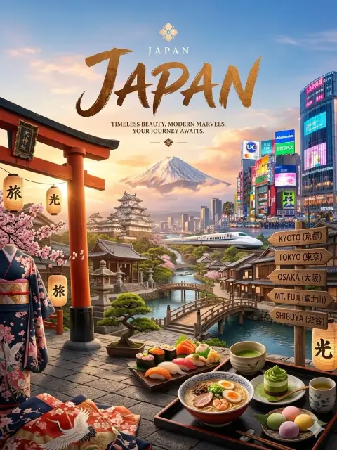 Golden hour Japanese traditional and modern fusion travel poster
