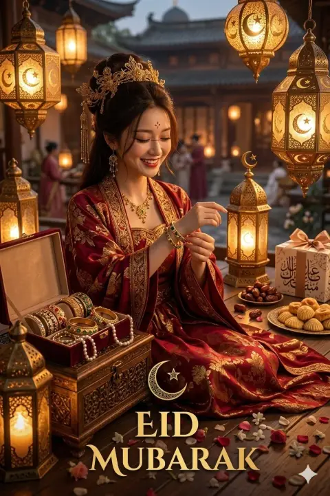 Gorgeous red and gold silk dress for East Asian women Eid celebration
